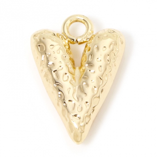 Picture of 2 PCs Eco-friendly Brass Valentine's Day Charms 18K Real Gold Plated Heart Hammered Texture 17mm x 11.5mm