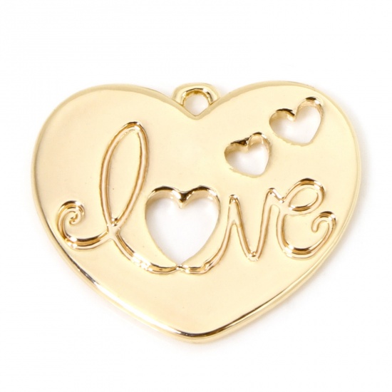 Picture of 2 PCs Eco-friendly Brass Valentine's Day Charms 18K Real Gold Plated Heart Message " LOVE " Hollow 18.5mm x 16mm