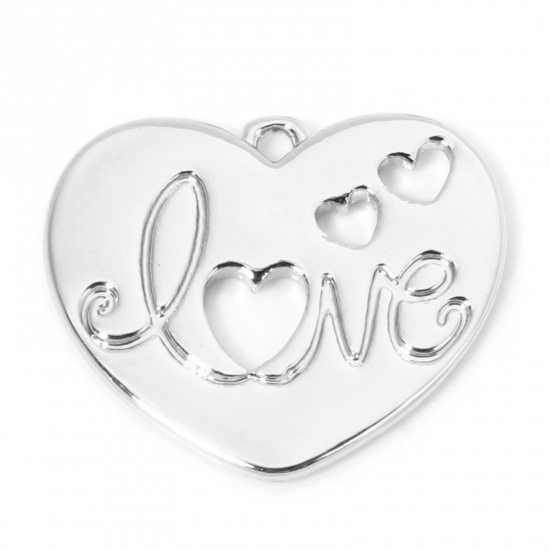 Picture of 2 PCs Eco-friendly Brass Valentine's Day Charms Real Platinum Plated Heart Message " LOVE " Hollow 18.5mm x 16mm