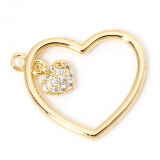 Picture of 1 Piece Eco-friendly Brass Valentine's Day Charms 18K Real Gold Plated Heart Clear Cubic Zirconia 21mm x 16.5mm