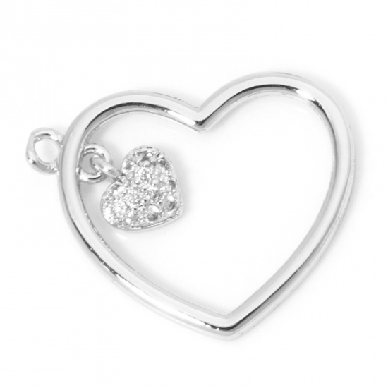 Picture of 1 Piece Eco-friendly Brass Valentine's Day Charms Real Platinum Plated Heart Clear Cubic Zirconia 21mm x 16.5mm