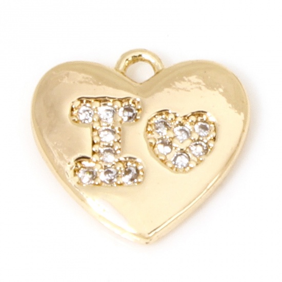 Picture of 1 Piece Eco-friendly Brass Valentine's Day Charms 18K Real Gold Plated Heart Micro Pave Clear Cubic Zirconia 10mm x 10mm