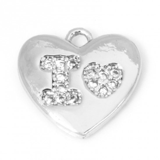 Picture of 1 Piece Eco-friendly Brass Valentine's Day Charms Real Platinum Plated Heart Micro Pave Clear Cubic Zirconia 10mm x 10mm