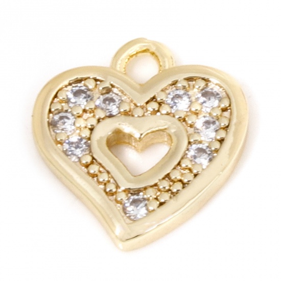 Picture of 2 PCs Eco-friendly Brass Valentine's Day Charms 18K Real Gold Plated Heart Micro Pave Clear Cubic Zirconia 10.5mm x 10mm