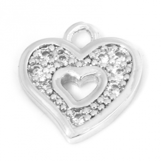 Picture of 2 PCs Eco-friendly Brass Valentine's Day Charms Real Platinum Plated Heart Micro Pave Clear Cubic Zirconia 10.5mm x 10mm