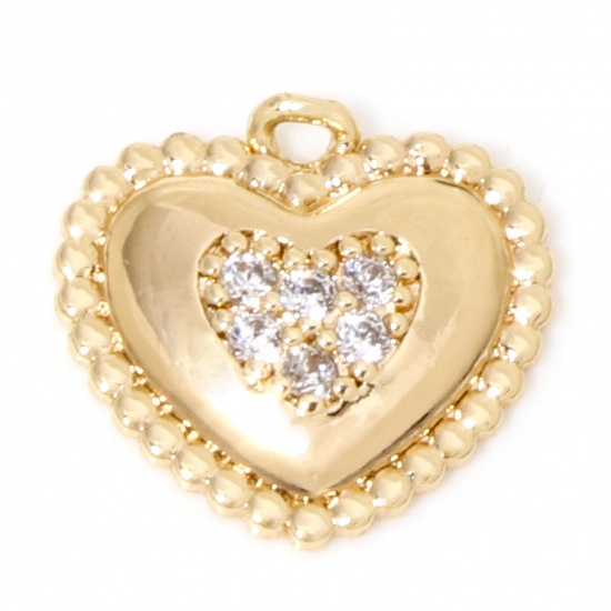 Picture of 1 Piece Eco-friendly Brass Valentine's Day Charms 18K Real Gold Plated Heart Micro Pave Clear Cubic Zirconia 13mm x 13mm