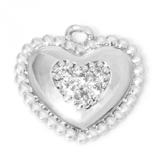 Picture of 1 Piece Eco-friendly Brass Valentine's Day Charms Real Platinum Plated Heart Micro Pave Clear Cubic Zirconia 13mm x 13mm