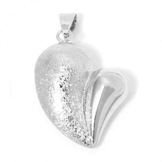 Picture of 1 Piece Eco-friendly Brass Valentine's Day Pendants Real Platinum Plated Heart Texture Half Drawbench 4.7cm x 2.8cm