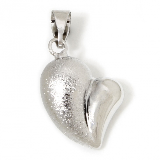 Picture of 1 Piece Eco-friendly Brass Valentine's Day Pendants Real Platinum Plated Heart Texture Half Drawbench 3.8cm x 2.1cm