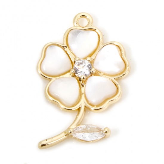 Picture of 1 Piece Eco-friendly Natural Shell & Brass Charms 18K Real Gold Plated Flower 20mm x 13mm