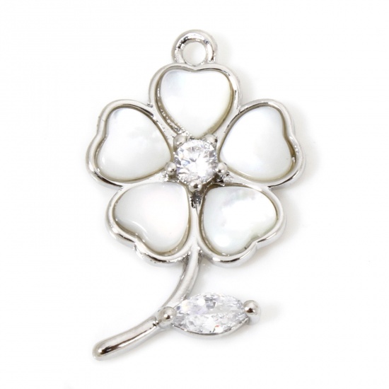 Picture of 1 Piece Eco-friendly Natural Shell & Brass Charms Real Platinum Plated Flower 20mm x 13mm