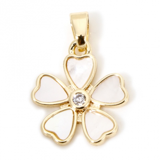 Picture of 1 Piece Eco-friendly Natural Shell & Brass Charm Pendant 18K Real Gold Plated Sakura Flower 19mm x 13.5mm