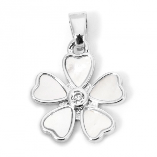 Picture of 1 Piece Eco-friendly Natural Shell & Brass Charm Pendant Real Platinum Plated Sakura Flower 19mm x 13.5mm