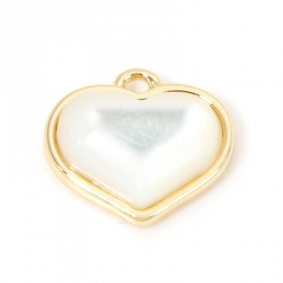 Image de 1 Pièce Breloques La Saint Valentin en Coquille Naturelle & Laiton Respectueux de la Nature Cœur Plaqué Or Véritable 18K 9mm x 8mm