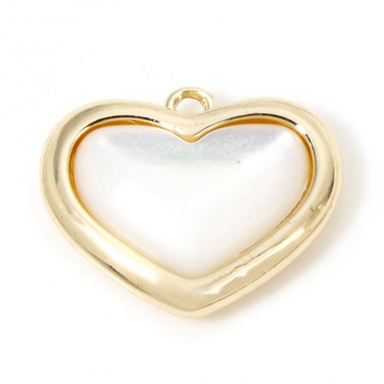 Image de 1 Pièce Breloques La Saint Valentin en Coquille Naturelle & Laiton Respectueux de la Nature Cœur Plaqué Or Véritable 18K 15mm x 12mm