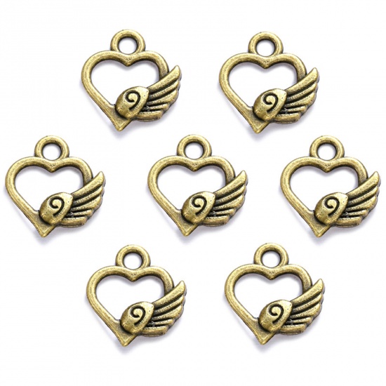 Immagine di 50 Pz Lega di Zinco San Valentino Ciondoli Bronzo Antico Cuore Ali Filigrana 13mm x 12mm