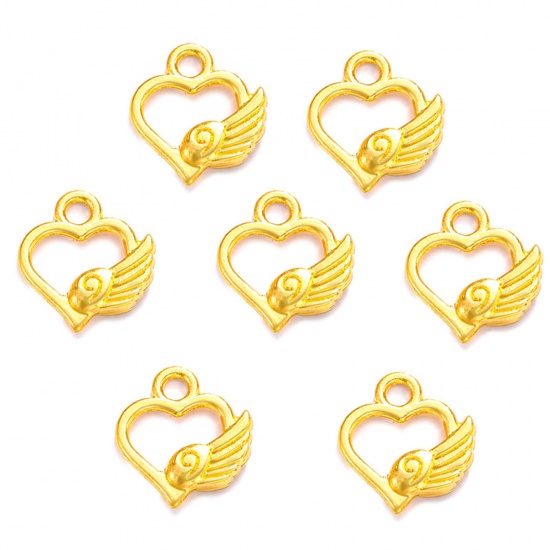 Immagine di 50 Pz Lega di Zinco San Valentino Ciondoli Oro Placcato Cuore Ali Filigrana 13mm x 12mm