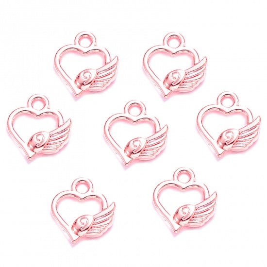 Immagine di 50 Pz Lega di Zinco San Valentino Ciondoli Oro Rosa Cuore Ali Filigrana 13mm x 12mm