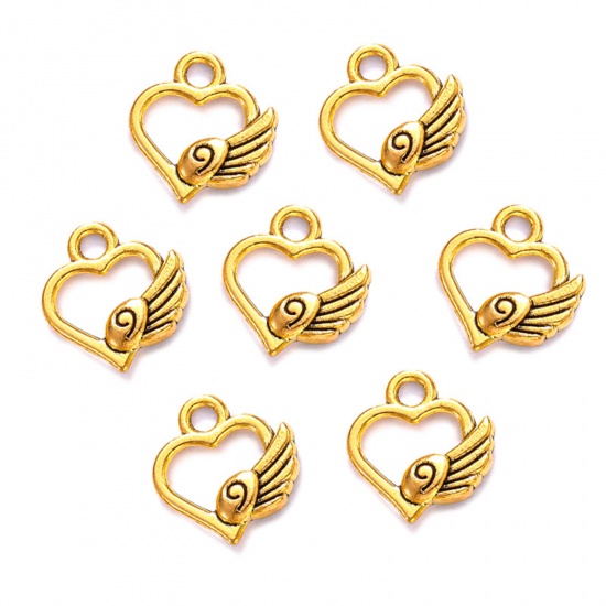 Immagine di 50 Pz Lega di Zinco San Valentino Ciondoli Oro Antico Cuore Ali Filigrana 13mm x 12mm