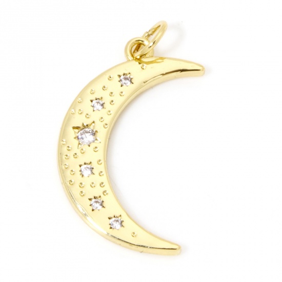 Immagine di 1 Pz Ecologico Ottone Galassia Ciondoli Luna 18K Vero Oro Placcato Trasparente Cubic Zirconiae 26mm x 14mm