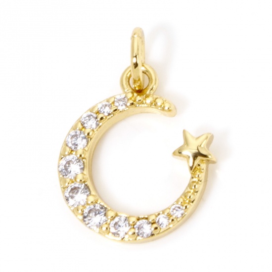 Immagine di 1 Pz Ecologico Ottone Galassia Ciondoli Luna 18K Vero Oro Placcato Stella Trasparente Cubic Zirconiae 17mm x 12mm