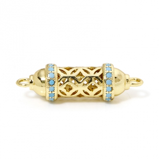 Bild von 1 Stück Umweltfreundlich Messing Steckverbinder Charms Anhänger Zylinder 18K Echtgold plattiert Hohl Hellblau Zirkonia 26mm x 8mm