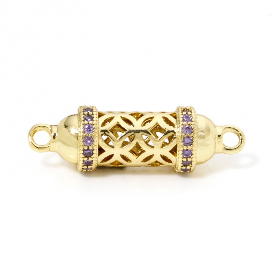 Bild von 1 Stück Umweltfreundlich Messing Steckverbinder Charms Anhänger Zylinder 18K Echtgold plattiert Hohl Lila Zirkonia 26mm x 8mm