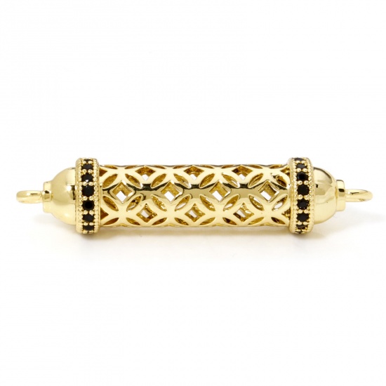 Bild von 1 Stück Umweltfreundlich Messing Steckverbinder Charms Anhänger Zylinder 18K Echtgold plattiert Hohl Schwarz Zirkonia 36mm x 8mm