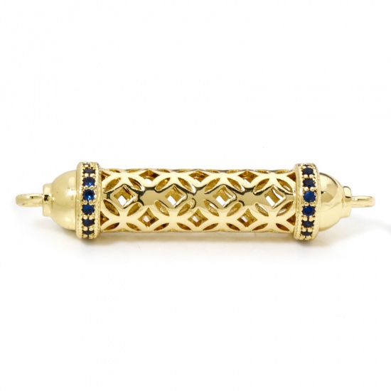Bild von 1 Stück Umweltfreundlich Messing Steckverbinder Charms Anhänger Zylinder 18K Echtgold plattiert Hohl Dunkelblau Zirkonia 36mm x 8mm