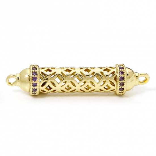 Bild von 1 Stück Umweltfreundlich Messing Steckverbinder Charms Anhänger Zylinder 18K Echtgold plattiert Hohl Lila Zirkonia 36mm x 8mm