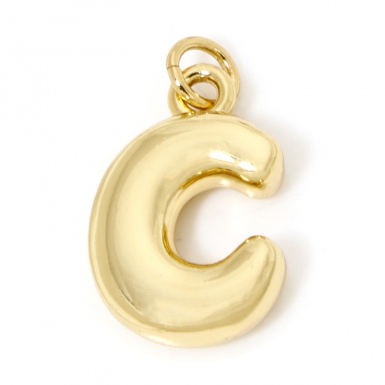 Picture of 1 Piece Eco-friendly Brass Charms 18K Real Gold Plated Capital Alphabet/ Letter Message " C " 3D 21mm x 12mm