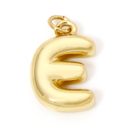 Picture of 1 Piece Eco-friendly Brass Charms 18K Real Gold Plated Capital Alphabet/ Letter Message " E " 3D 21mm x 12mm