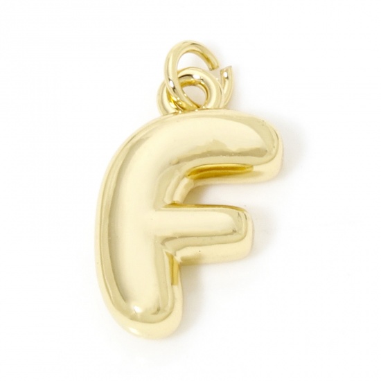 Picture of 1 Piece Eco-friendly Brass Charms 18K Real Gold Plated Capital Alphabet/ Letter Message " F " 3D 21mm x 11mm