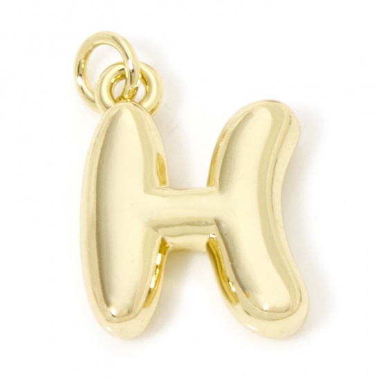 Picture of 1 Piece Eco-friendly Brass Charms 18K Real Gold Plated Capital Alphabet/ Letter Message " H " 3D 21mm x 13mm