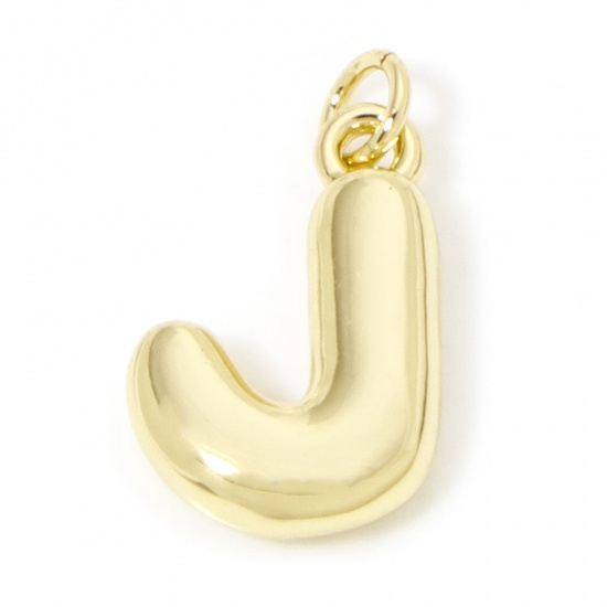 Picture of 1 Piece Eco-friendly Brass Charms 18K Real Gold Plated Capital Alphabet/ Letter Message " J " 3D 21mm x 12mm