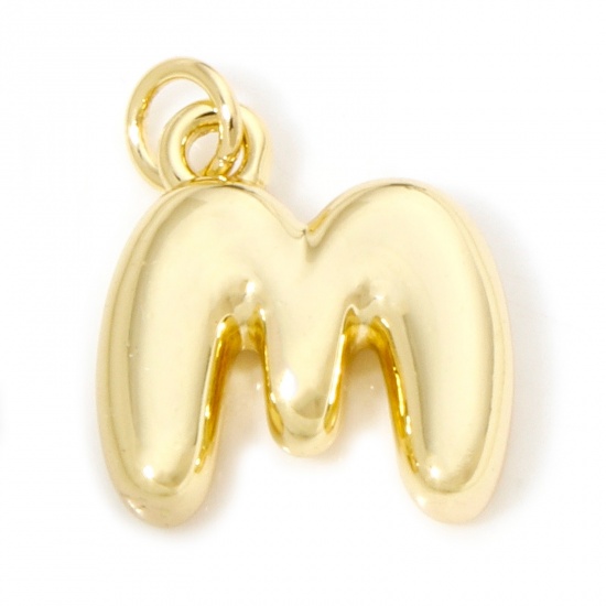 Picture of 1 Piece Eco-friendly Brass Charms 18K Real Gold Plated Capital Alphabet/ Letter Message " M " 3D 18mm x 14.5mm