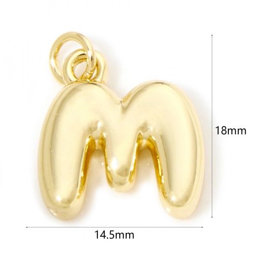 Picture of 1 Piece Eco-friendly Brass Charms 18K Real Gold Plated Capital Alphabet/ Letter Message " M " 3D 18mm x 14.5mm