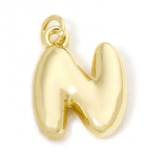 Picture of 1 Piece Eco-friendly Brass Charms 18K Real Gold Plated Capital Alphabet/ Letter Message " N " 3D 20mm x 14mm