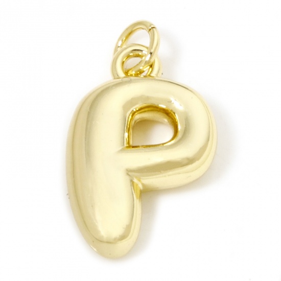 Picture of 1 Piece Eco-friendly Brass Charms 18K Real Gold Plated Capital Alphabet/ Letter Message " P " 3D 21mm x 12mm