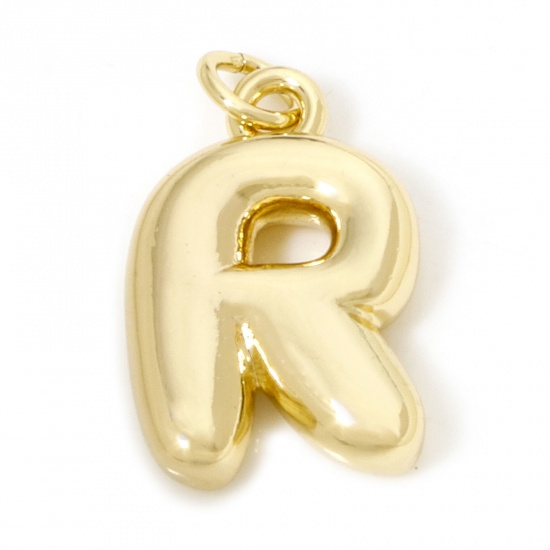 Picture of 1 Piece Eco-friendly Brass Charms 18K Real Gold Plated Capital Alphabet/ Letter Message " R " 3D 21mm x 12mm