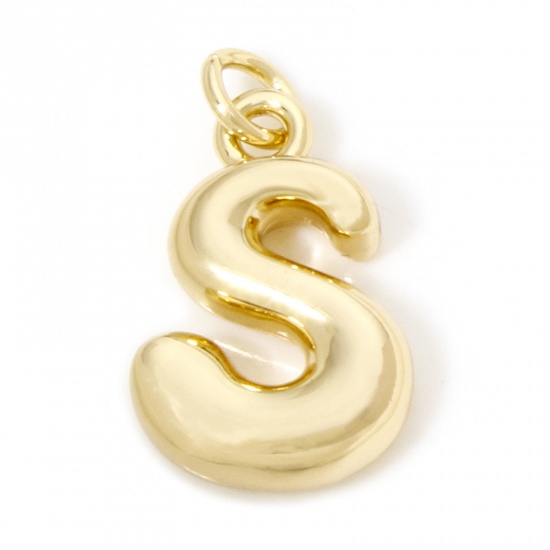 Picture of 1 Piece Eco-friendly Brass Charms 18K Real Gold Plated Capital Alphabet/ Letter Message " S " 3D 21mm x 12mm