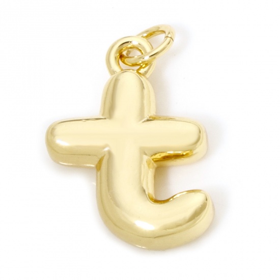 Picture of 1 Piece Eco-friendly Brass Charms 18K Real Gold Plated Capital Alphabet/ Letter Message " T " 3D 21mm x 13mm