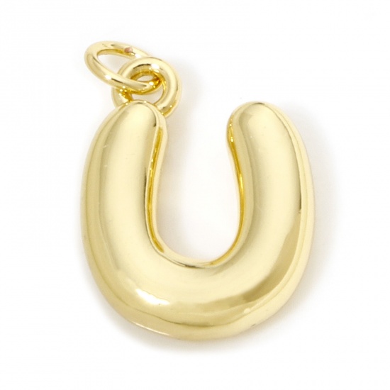 Picture of 1 Piece Eco-friendly Brass Charms 18K Real Gold Plated Capital Alphabet/ Letter Message " U " 3D 20mm x 13.5mm