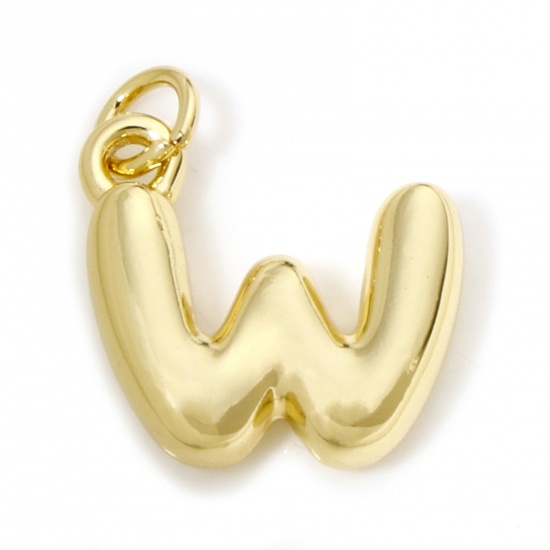 Picture of 1 Piece Eco-friendly Brass Charms 18K Real Gold Plated Capital Alphabet/ Letter Message " W " 3D 17mm x 14mm