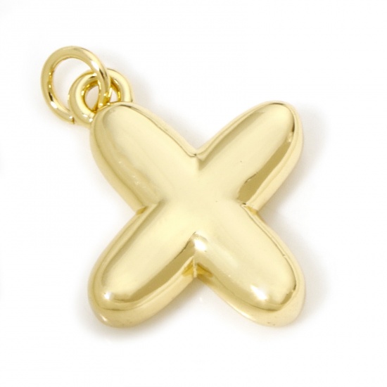 Picture of 1 Piece Eco-friendly Brass Charms 18K Real Gold Plated Capital Alphabet/ Letter Message " X " 3D 20mm x 15mm