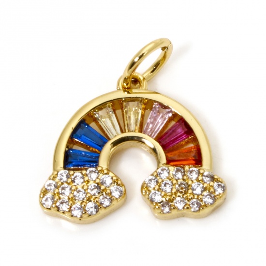 Immagine di 1 Pz Ecologico Ottone Tempo Collezione Ciondoli Arcobaleno 18K Vero Oro Placcato Micro Spianare Multicolore Cubic Zirconiae 15mm x 14mm