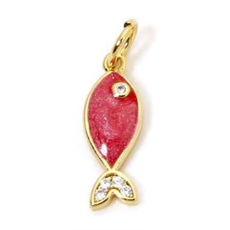 Picture of 1 Piece Eco-friendly Brass Ocean Jewelry Charms 18K Real Gold Plated Red Fish Animal Enamel Clear Cubic Zirconia 19mm x 6mm