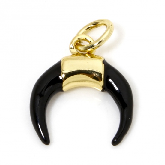 Picture of 1 Piece Eco-friendly Brass West Cowboy Charms 18K Real Gold Plated Black Crescent Moon Double Horn Enamel 16mm x 11.5mm