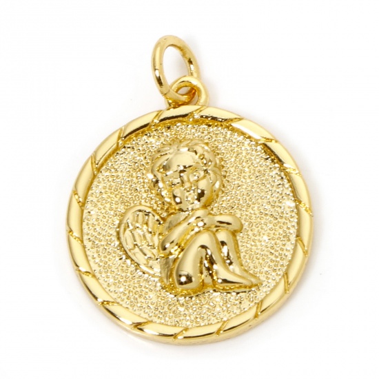 Picture of 1 Piece Eco-friendly Brass Religious Charms 18K Real Gold Plated Round Angel 23mm x 17mm