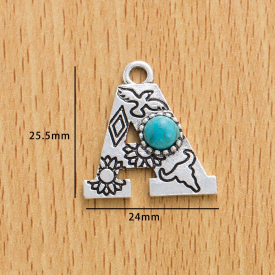 Immagine di 10 Pz Lega di Zinco Stile Bohemien Ciondoli Argento Antico Lettera Lettere " A " Con Resina Cabochon Imitazione Turchese 25.5mm x 24mm